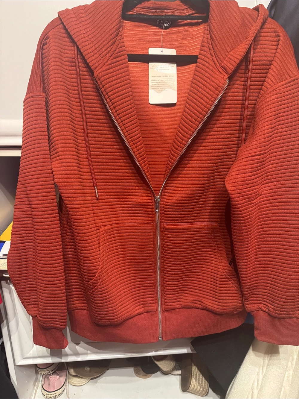 a new day Hooded Ribbed Zip-Up Bomber Jacket in Rust